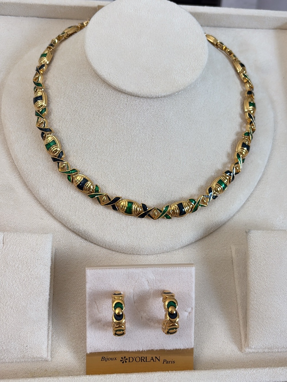 D’Orlan Gold Necklace and Earrings Set with Green and Black Enamel
